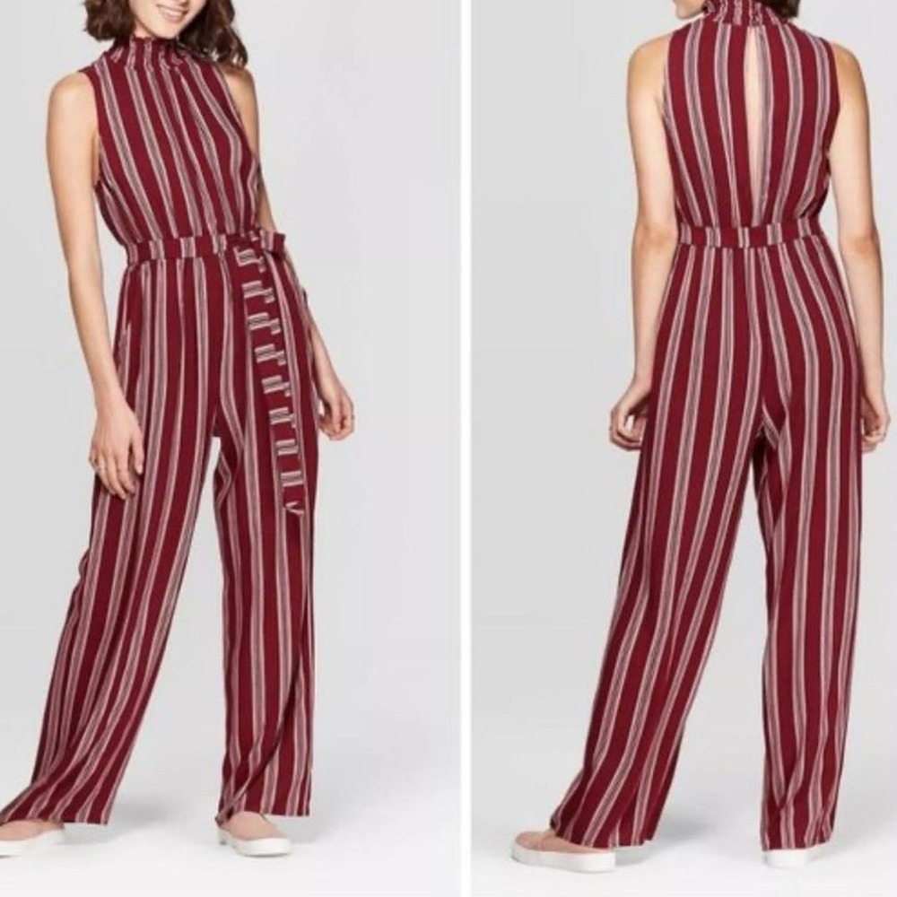 Xhilaration Burgundy Striped Sleeveless Jumpsuit Smocked Mock Neck Wide Leg NWT